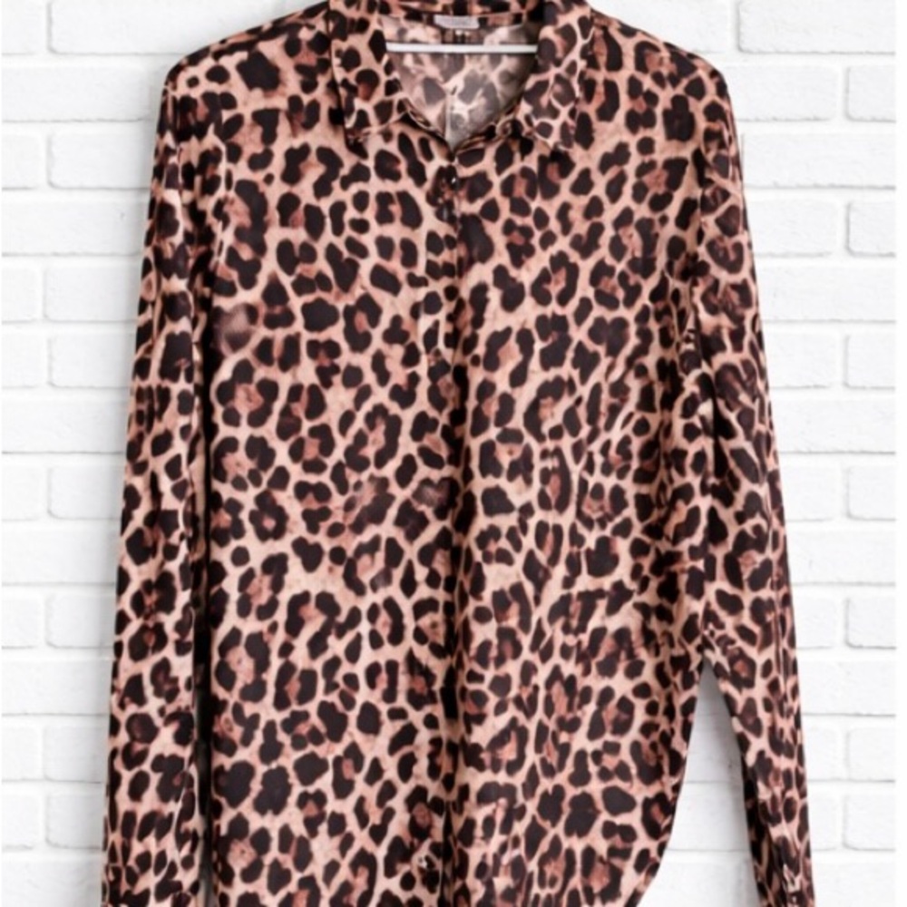Amazon Leopard Print Button-Down Shirt in Pink and Brown